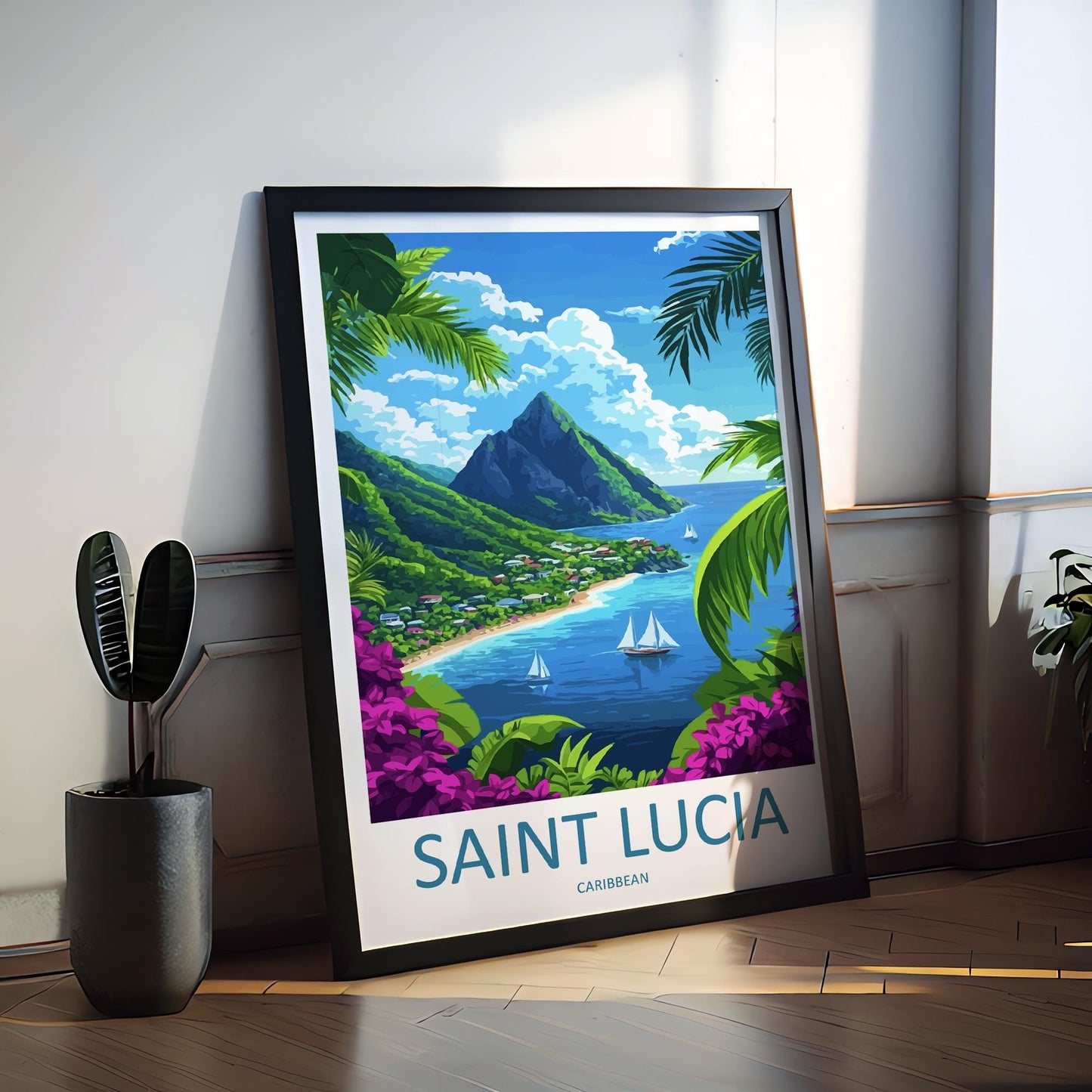 Saint Lucia Travel Print St Lucia Wall Art Caribbean Island Poster Tropical Decor Gift for Beach Lover Pitons Sunset Art Print