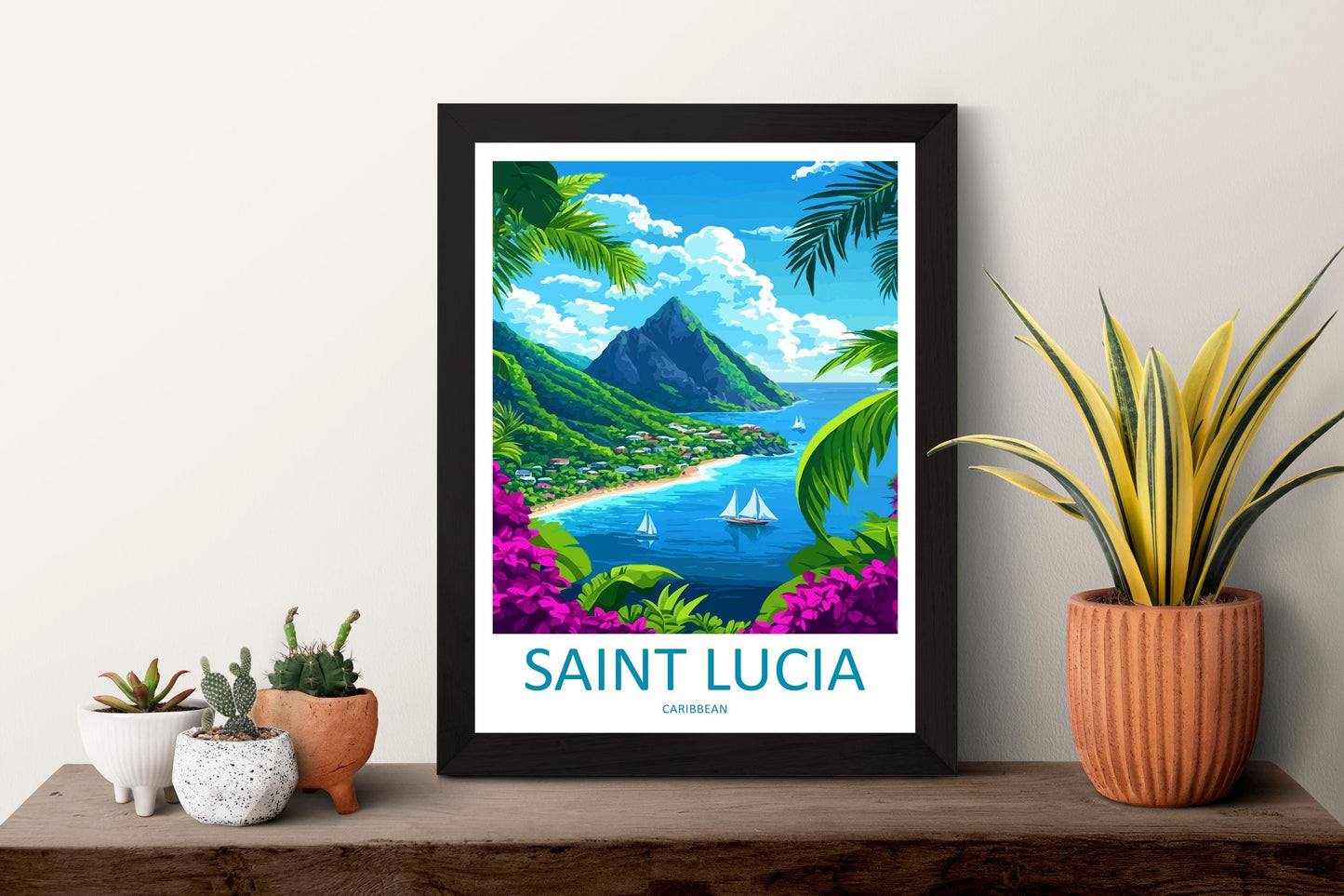 Saint Lucia Travel Print St Lucia Wall Art Caribbean Island Poster Tropical Decor Gift for Beach Lover Pitons Sunset Art Print