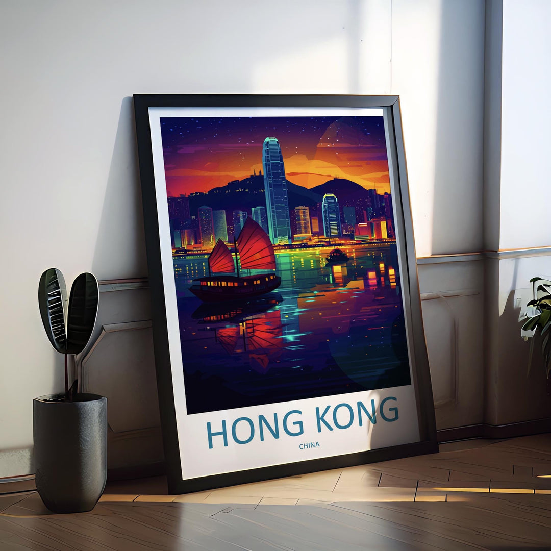 Hong Kong Travel Print Asia Wall Art City Skyline Poster Urban Decor Gift for City Lover Victoria Harbour Nightscape Art Print
