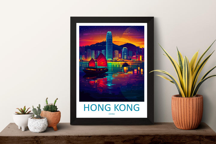 Hong Kong Travel Print Asia Wall Art City Skyline Poster Urban Decor Gift for City Lover Victoria Harbour Nightscape Art Print