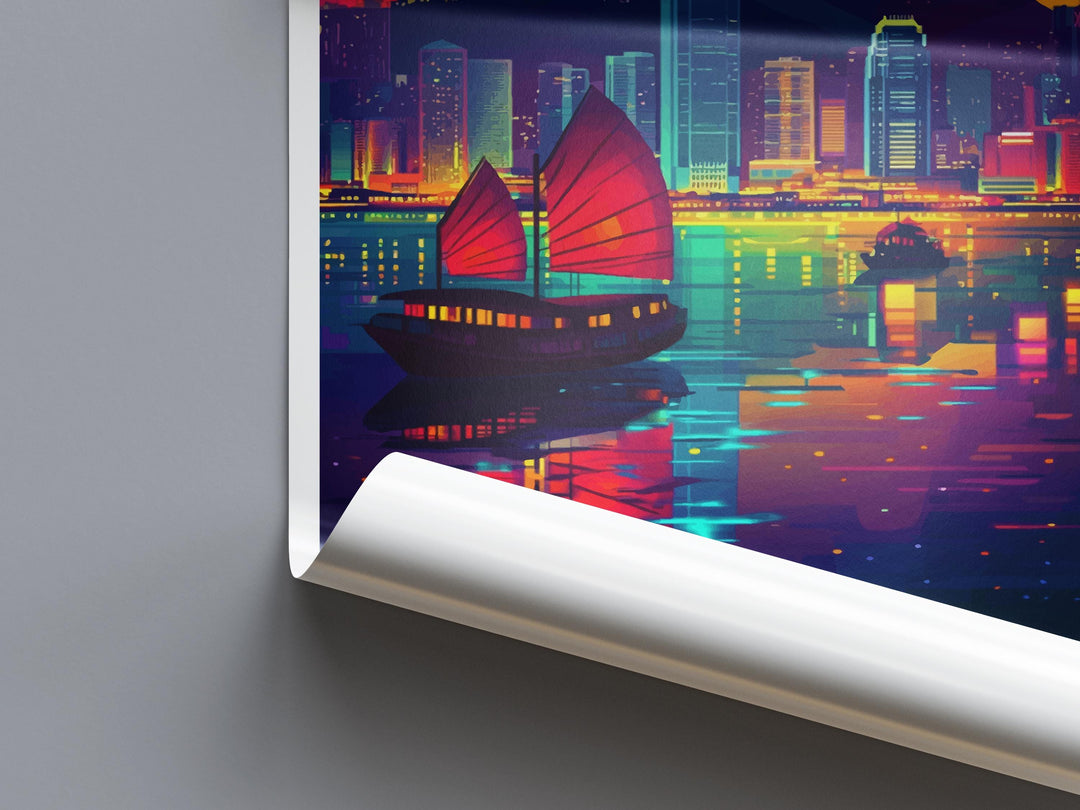 Hong Kong Travel Print Asia Wall Art City Skyline Poster Urban Decor Gift for City Lover Victoria Harbour Nightscape Art Print