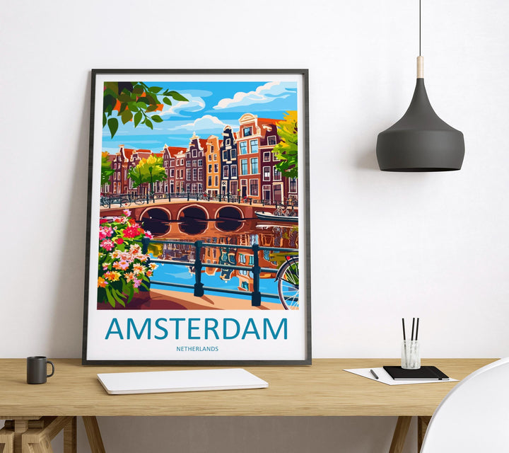 Amsterdam Travel Print Netherlands Wall Art Cityscape Poster Canal Decor Gift for Europe Lover Dutch Architecture Art Print