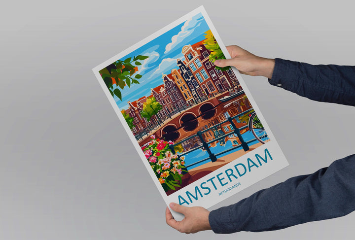 Amsterdam Travel Print Netherlands Wall Art Cityscape Poster Canal Decor Gift for Europe Lover Dutch Architecture Art Print
