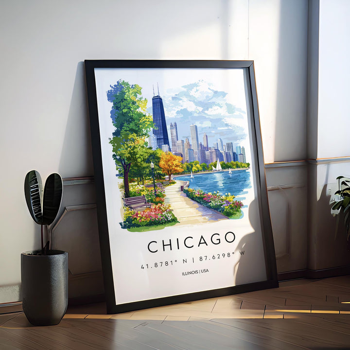 Chicago Watercolor Poster Chicago Travel Print Chicago Wall Art Chicago Cityscape Painting Chicago Souvenir USA Decor