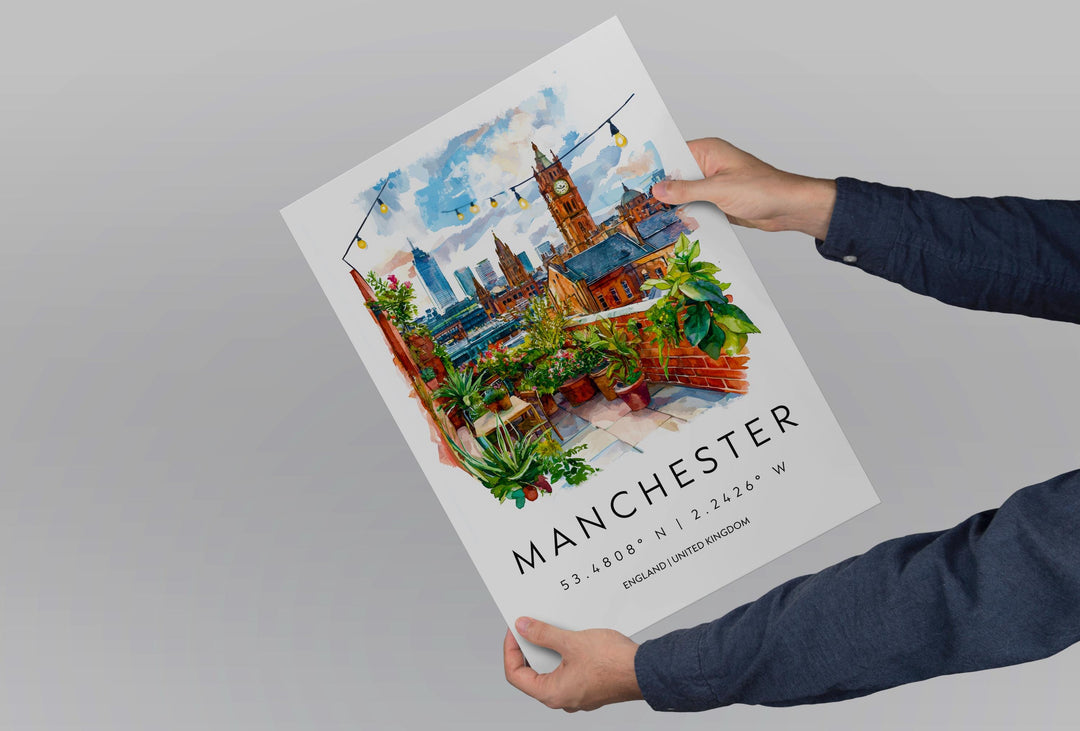 Manchester Watercolor Poster Manchester Travel Print Manchester Wall Art Manchester Cityscape Painting Manchester Souvenir UK Decor