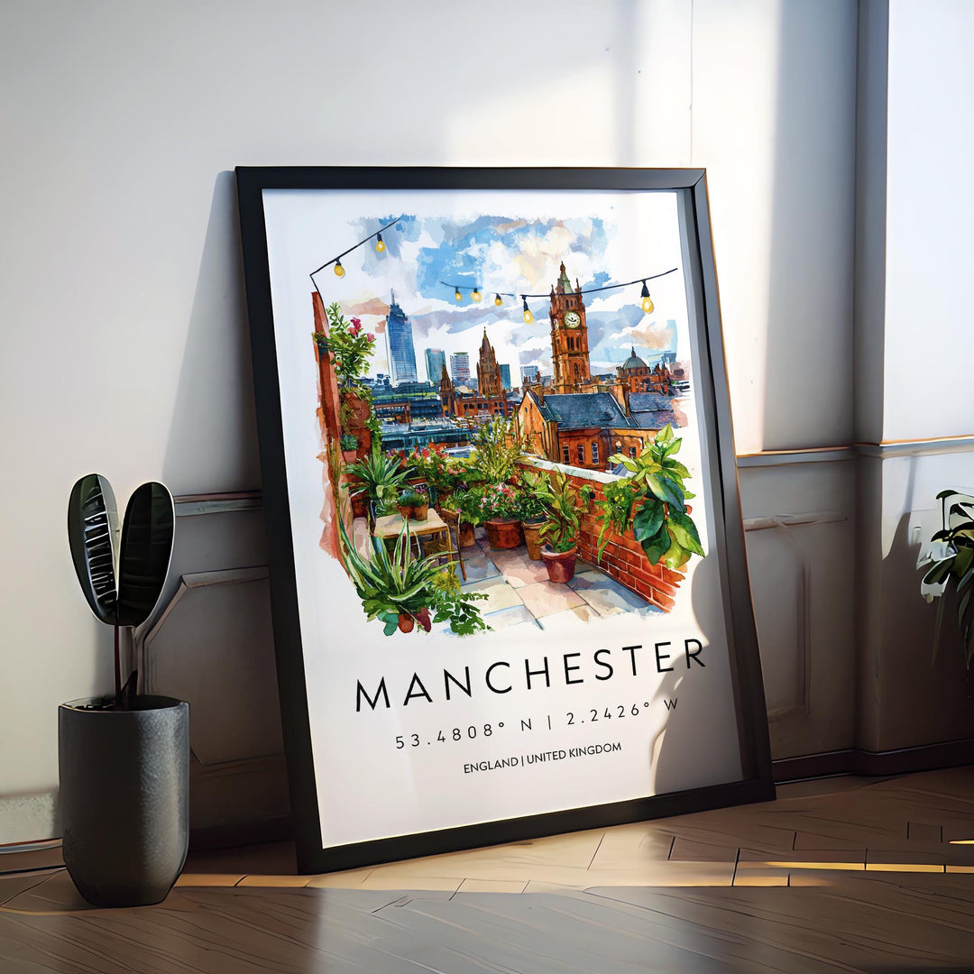 Manchester Watercolor Poster Manchester Travel Print Manchester Wall Art Manchester Cityscape Painting Manchester Souvenir UK Decor