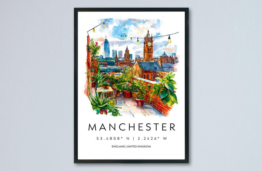 Manchester Watercolor Poster Manchester Travel Print Manchester Wall Art Manchester Cityscape Painting Manchester Souvenir UK Decor