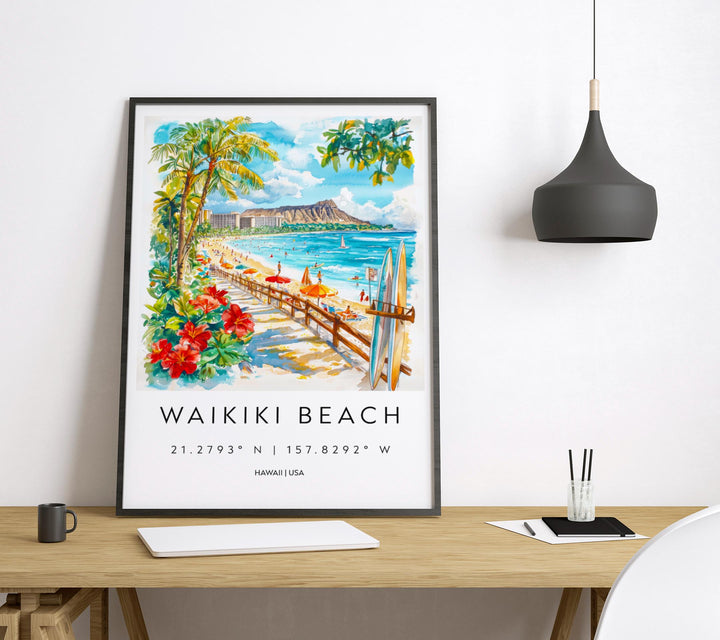 Waikiki Beach Watercolor Poster Waikiki Beach Travel Print Waikiki Beach Wall Art Waikiki Beach Painting Hawaii Souvenir Decor
