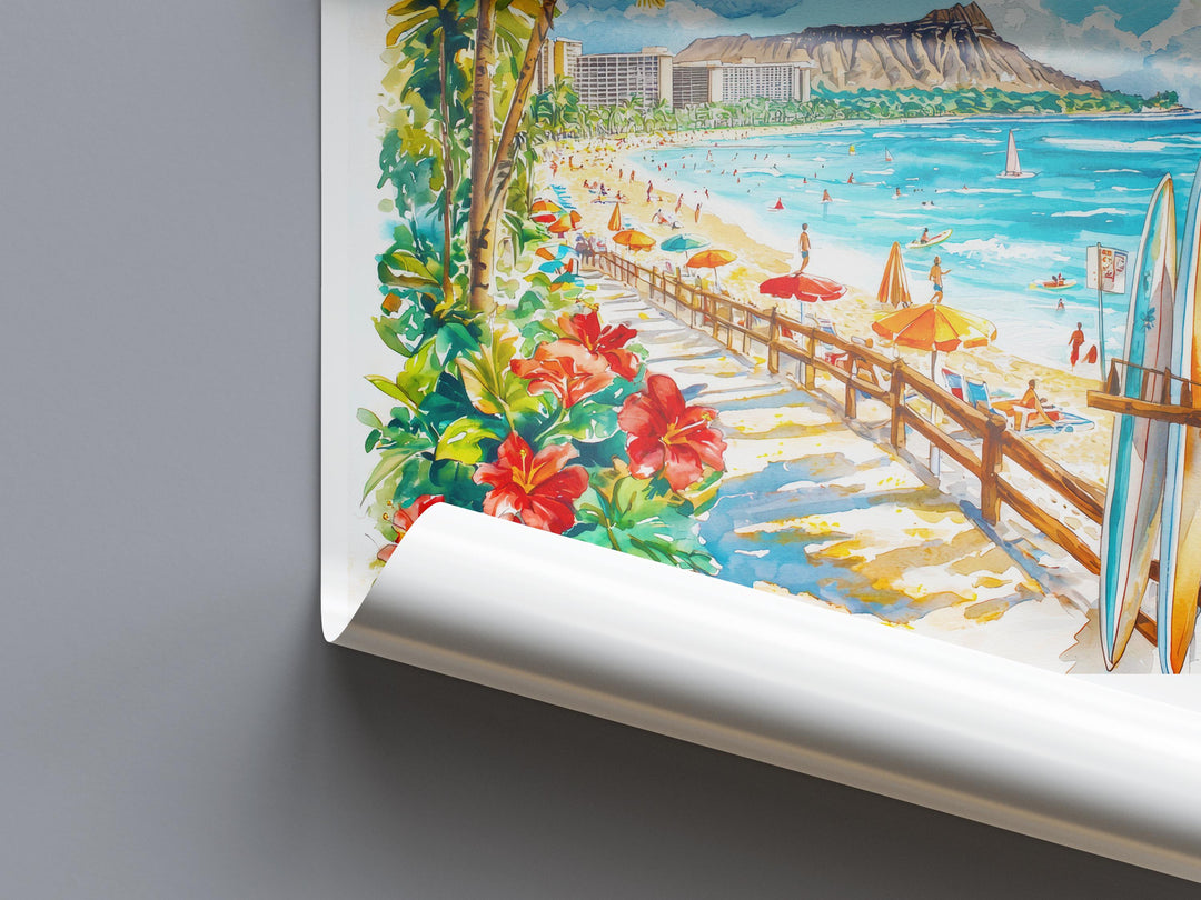 Waikiki Beach Watercolor Poster Waikiki Beach Travel Print Waikiki Beach Wall Art Waikiki Beach Painting Hawaii Souvenir Decor