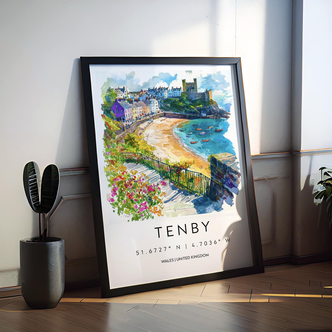 Tenby Watercolor Poster Tenby Travel Print Tenby Wall Art Tenby Seaside Painting Tenby Souvenir Wales Coastal Decor