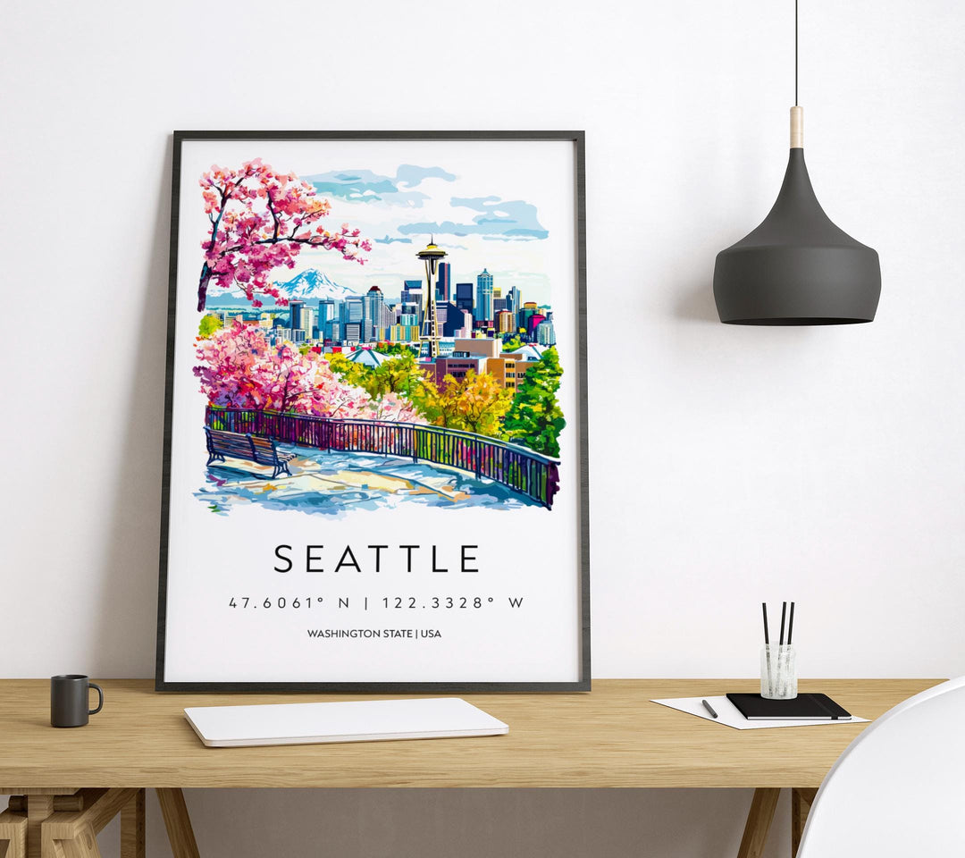 Seattle Watercolor Poster Seattle Travel Print Seattle Wall Art Seattle Cityscape Painting Seattle Souvenir USA Decor