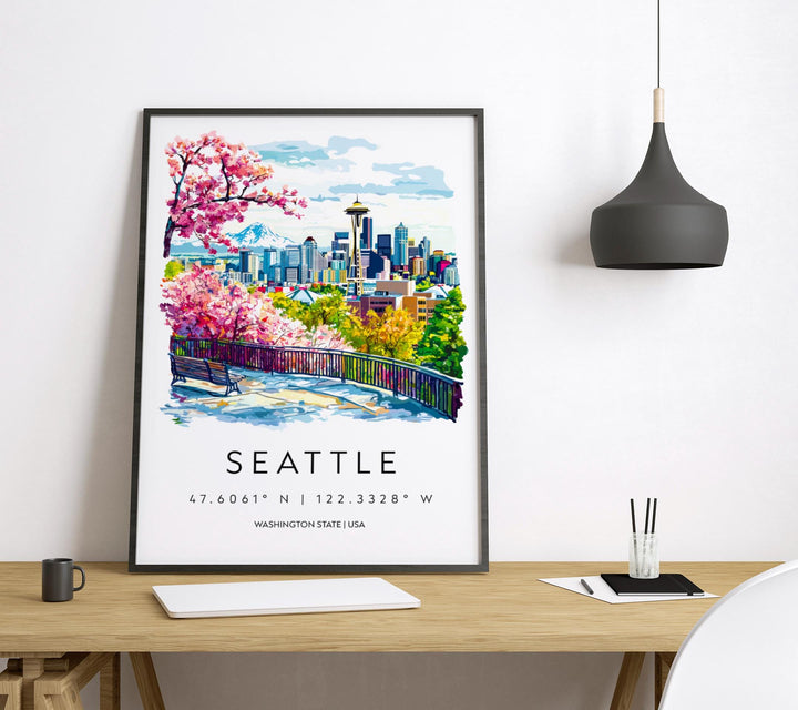 Seattle Watercolor Poster Seattle Travel Print Seattle Wall Art Seattle Cityscape Painting Seattle Souvenir USA Decor