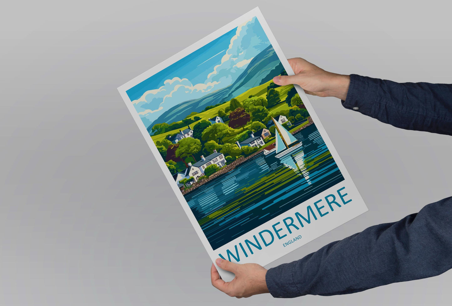Windermere Cartoon Travel Poster Lake District Wall Art UK Landscape Print Nature Illustration Windermere Decor Souvenir Gift