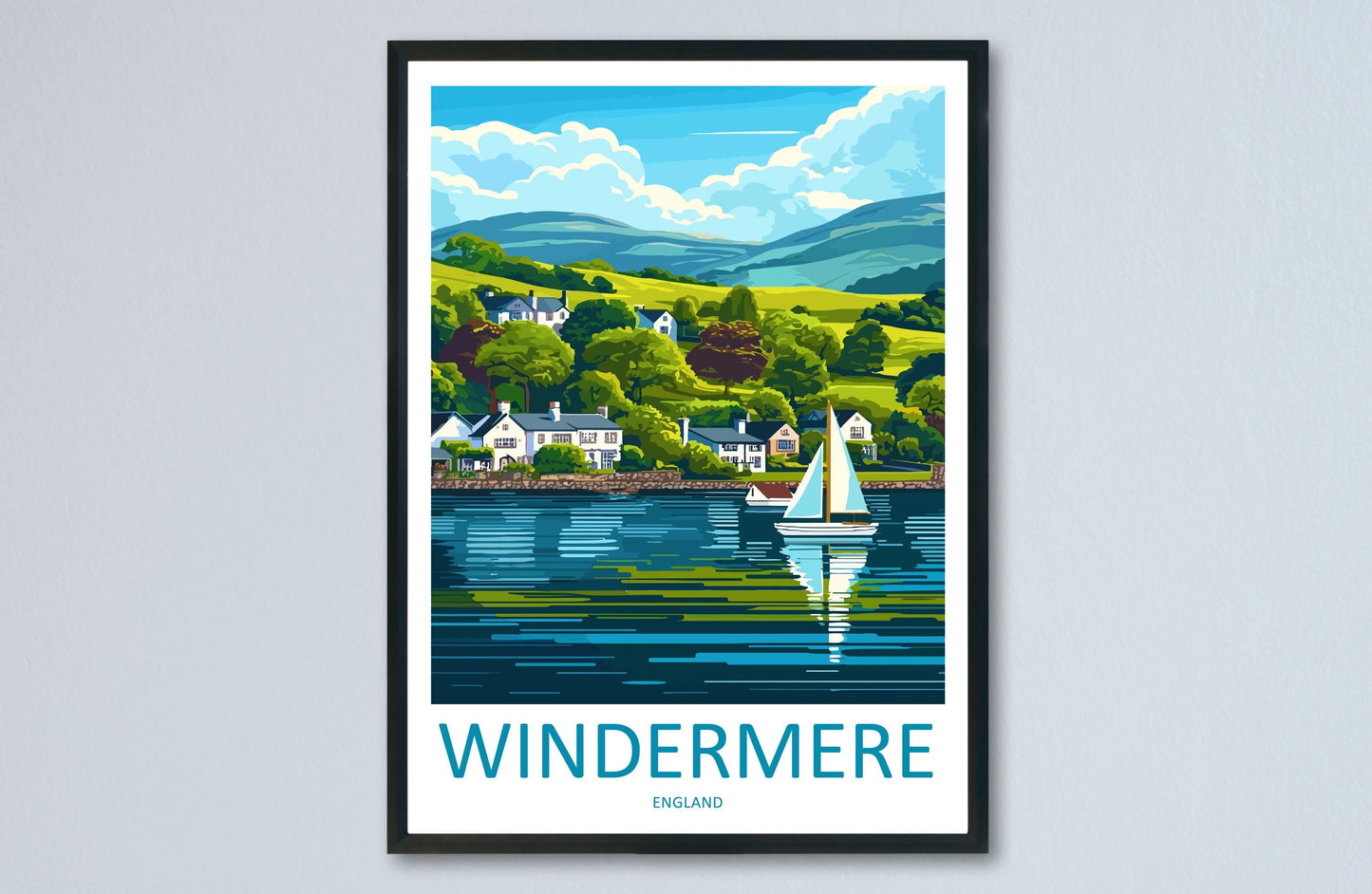Windermere Cartoon Travel Poster Lake District Wall Art UK Landscape Print Nature Illustration Windermere Decor Souvenir Gift