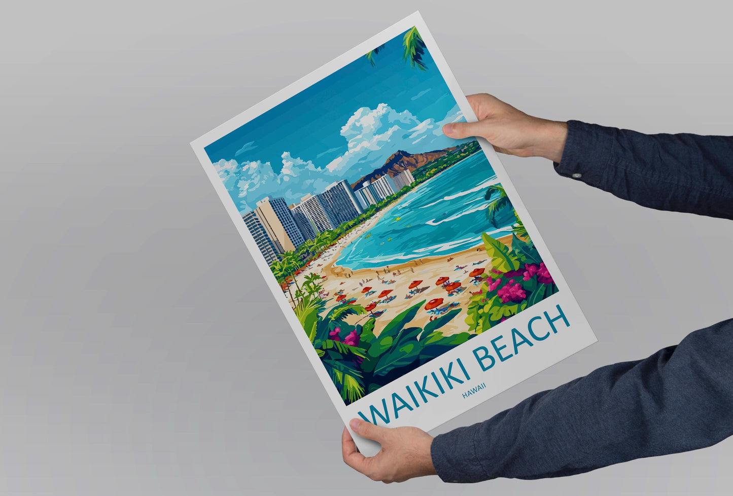 Waikiki Beach Cartoon Travel Poster Hawaii Wall Art Tropical Print Island Illustration Coastal Decor Waikiki Souvenir Gift