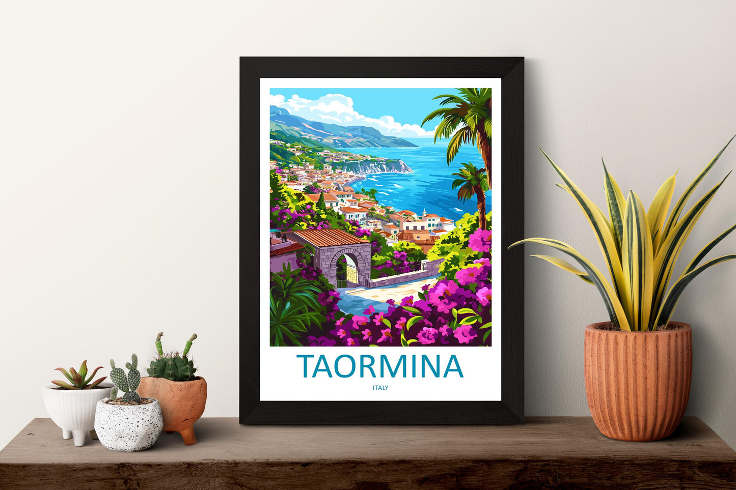 Taormina Cartoon Travel Poster Sicily Wall Art Italy Print Coastal Illustration Mediterranean Decor Taormina Souvenir Gift