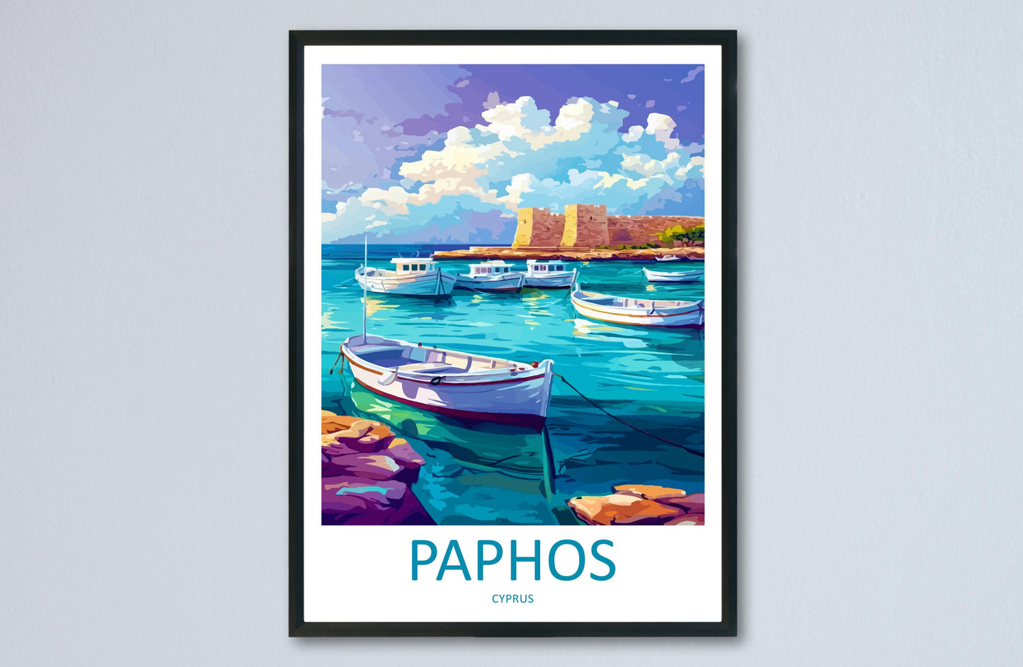 Paphos Cartoon Travel Poster Cyprus Wall Art Coastal Print Mediterranean Illustration Historic Decor Paphos Souvenir Gift