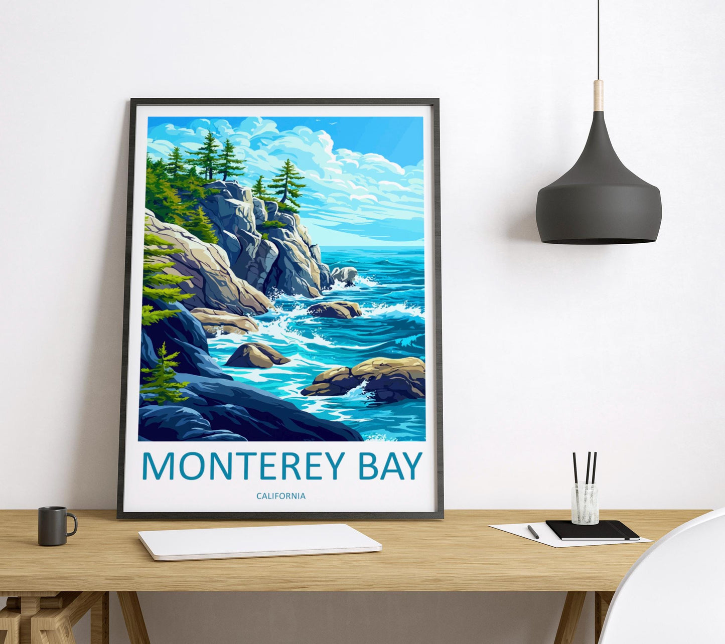 Monterey Bay Cartoon Travel Poster California Wall Art Coastal Print Ocean Illustration Nature Decor Monterey Souvenir Gift