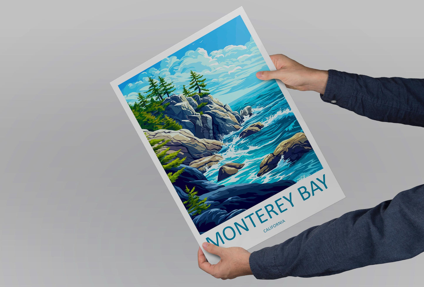 Monterey Bay Cartoon Travel Poster California Wall Art Coastal Print Ocean Illustration Nature Decor Monterey Souvenir Gift