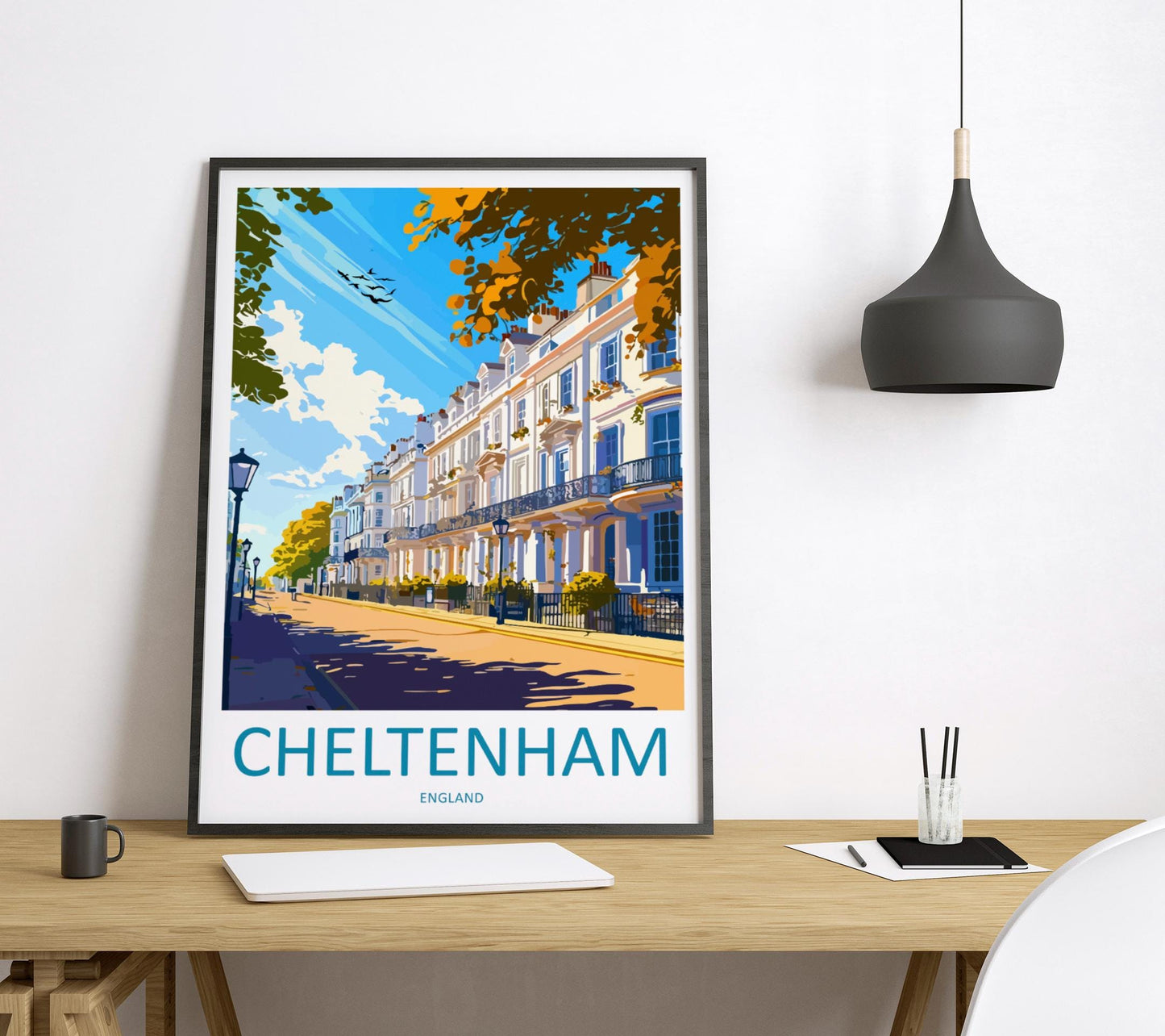 Cheltenham Cartoon Travel Poster England Wall Art Spa Town Print Historic Architecture Illustration Cotswolds Decor Gift Souvenir