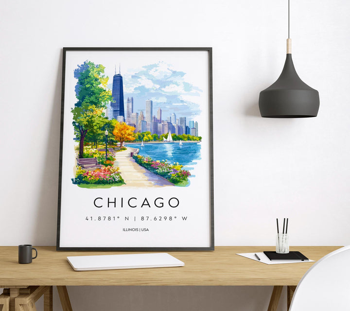 Chicago Watercolor Poster Chicago Travel Print Chicago Wall Art Chicago Cityscape Painting Chicago Souvenir USA Decor