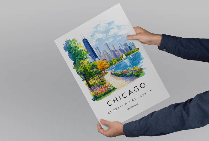 Chicago Watercolor Poster Chicago Travel Print Chicago Wall Art Chicago Cityscape Painting Chicago Souvenir USA Decor