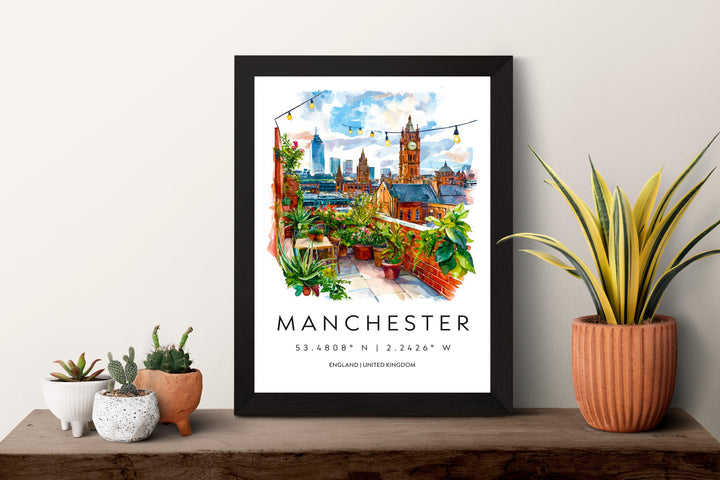 Manchester Watercolor Poster Manchester Travel Print Manchester Wall Art Manchester Cityscape Painting Manchester Souvenir UK Decor
