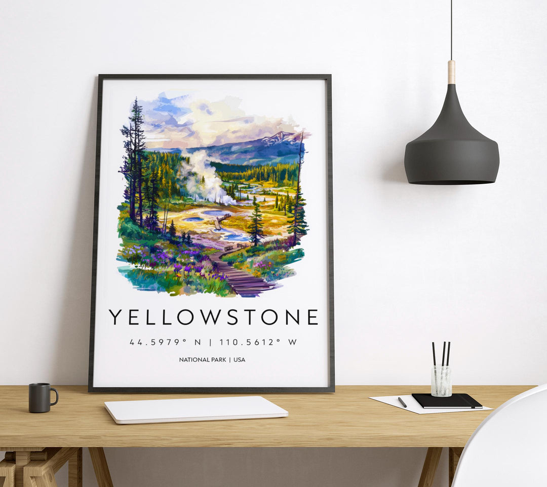 Yellowstone Watercolor Poster Yellowstone Travel Print Yellowstone Wall Art Yellowstone Landscape Painting Yellowstone Souvenir USA Decor