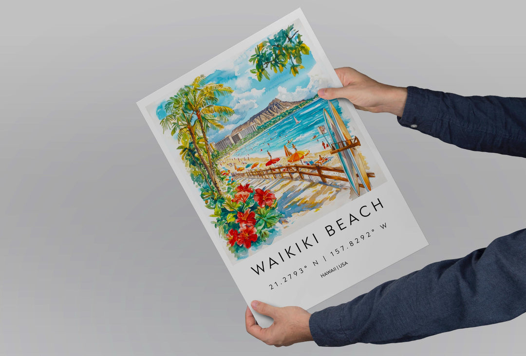 Waikiki Beach Watercolor Poster Waikiki Beach Travel Print Waikiki Beach Wall Art Waikiki Beach Painting Hawaii Souvenir Decor
