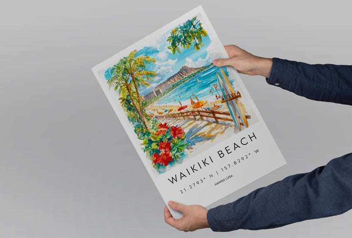Waikiki Beach Watercolor Poster Waikiki Beach Travel Print Waikiki Beach Wall Art Waikiki Beach Painting Hawaii Souvenir Decor