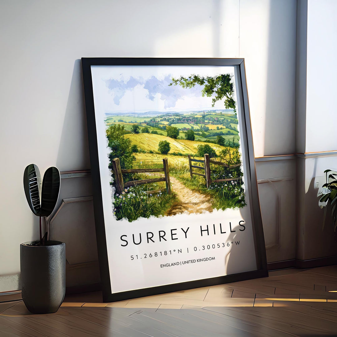 Surrey Hills Watercolor Poster Surrey Hills Travel Print Surrey Hills Wall Art Surrey Hills Landscape Painting Surrey Hills Souvenir UK Deco
