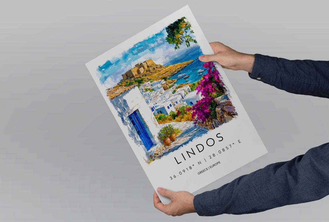 Lindos Watercolor Poster Lindos Travel Print Lindos Wall Art Lindos Cityscape Painting Lindos Souvenir Rhodes Greece Decor