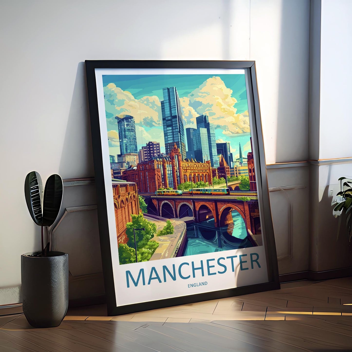 Manchester Travel Poster England Wall Art Cityscape Print Urban Illustration Industrial Decor Northern City Gift Manchester Souvenir