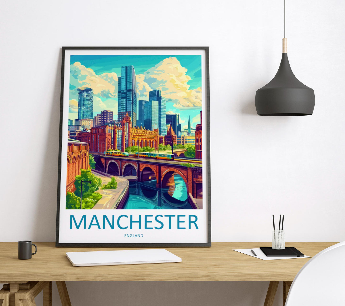 Manchester Travel Poster England Wall Art Cityscape Print Urban Illustration Industrial Decor Northern City Gift Manchester Souvenir