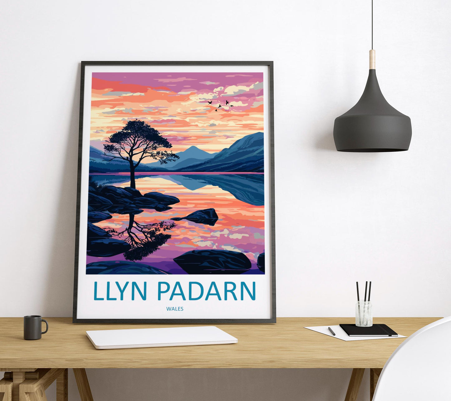 Llyn Padarn Travel Poster Wales Wall Art Snowdonia Lake Print Mountain Landscape Illustration Nature Decor Llyn Padarn Gift Souvenir