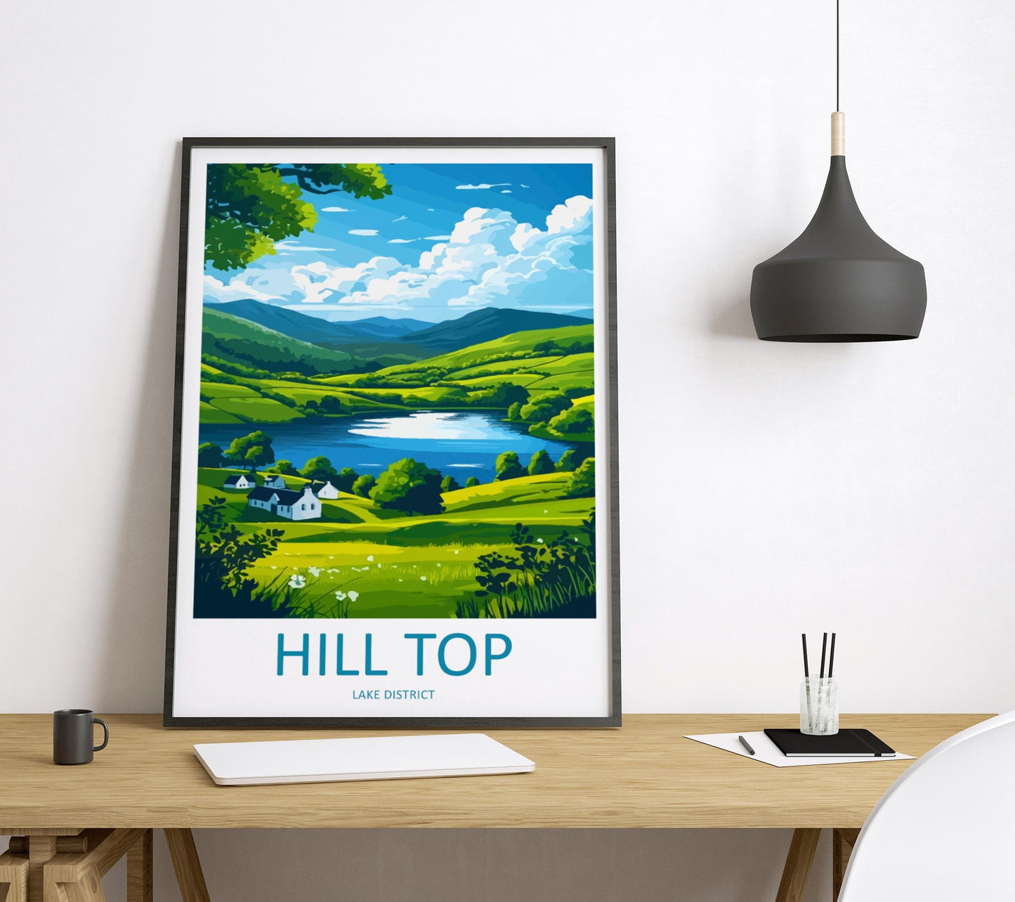 Hill Top Travel Poster England Wall Art Countryside Cottage Print Lake District Illustration Rustic Decor Hill Top Gift Souvenir