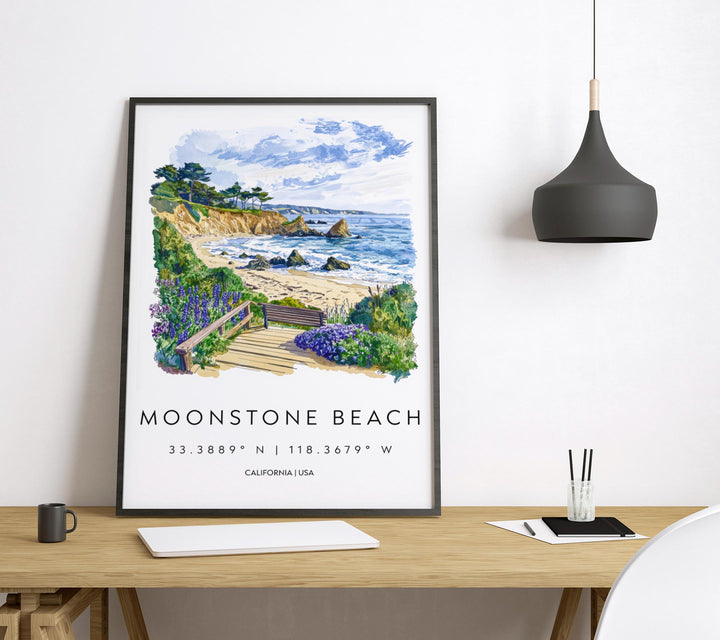 Moonstone Beach Watercolor Poster Moonstone Travel Print California Coast Art Ocean Painting Moonstone Decor