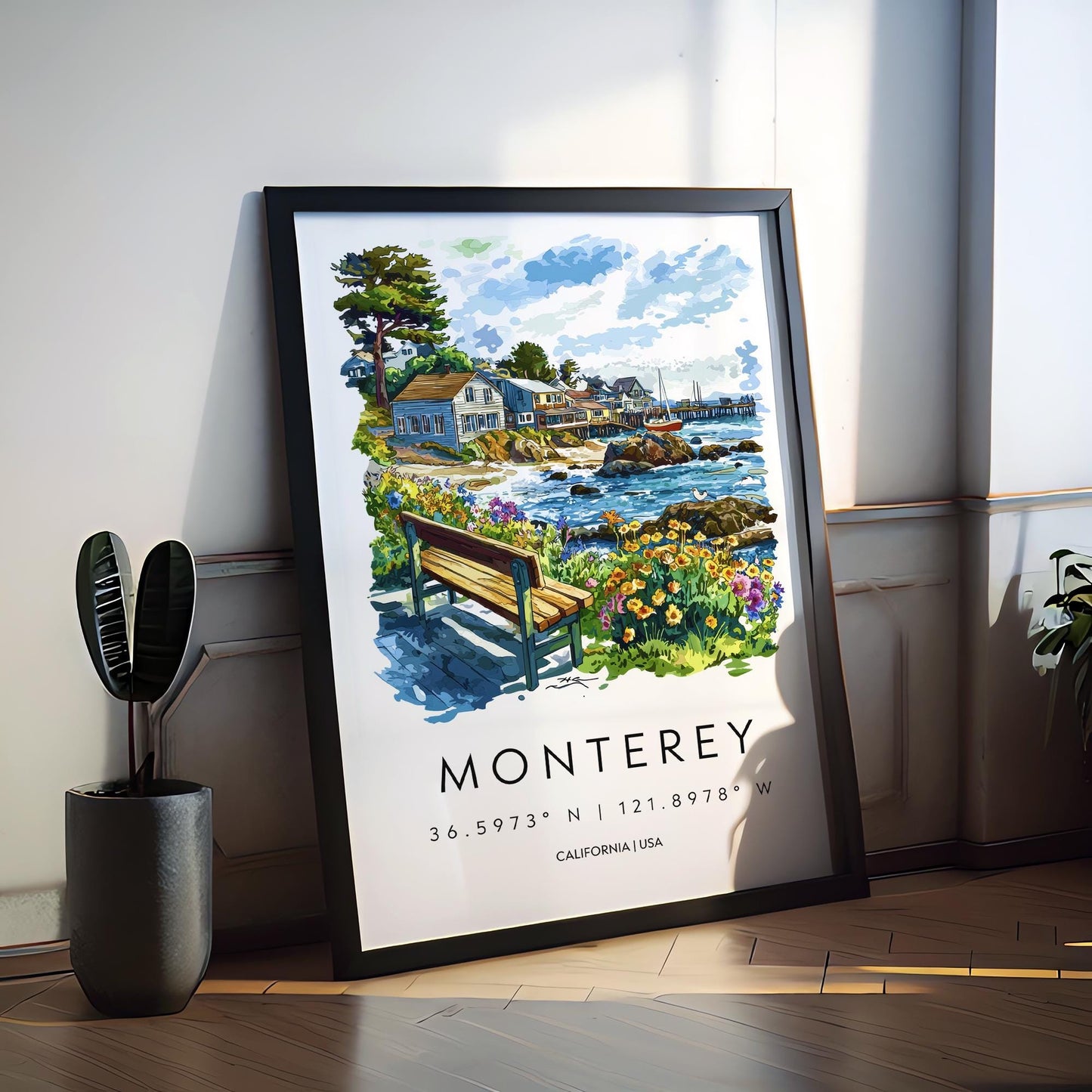 Monterey Watercolor Poster Monterey Travel Print California Coast Art Ocean Painting Monterey Bay Souvenir Decor