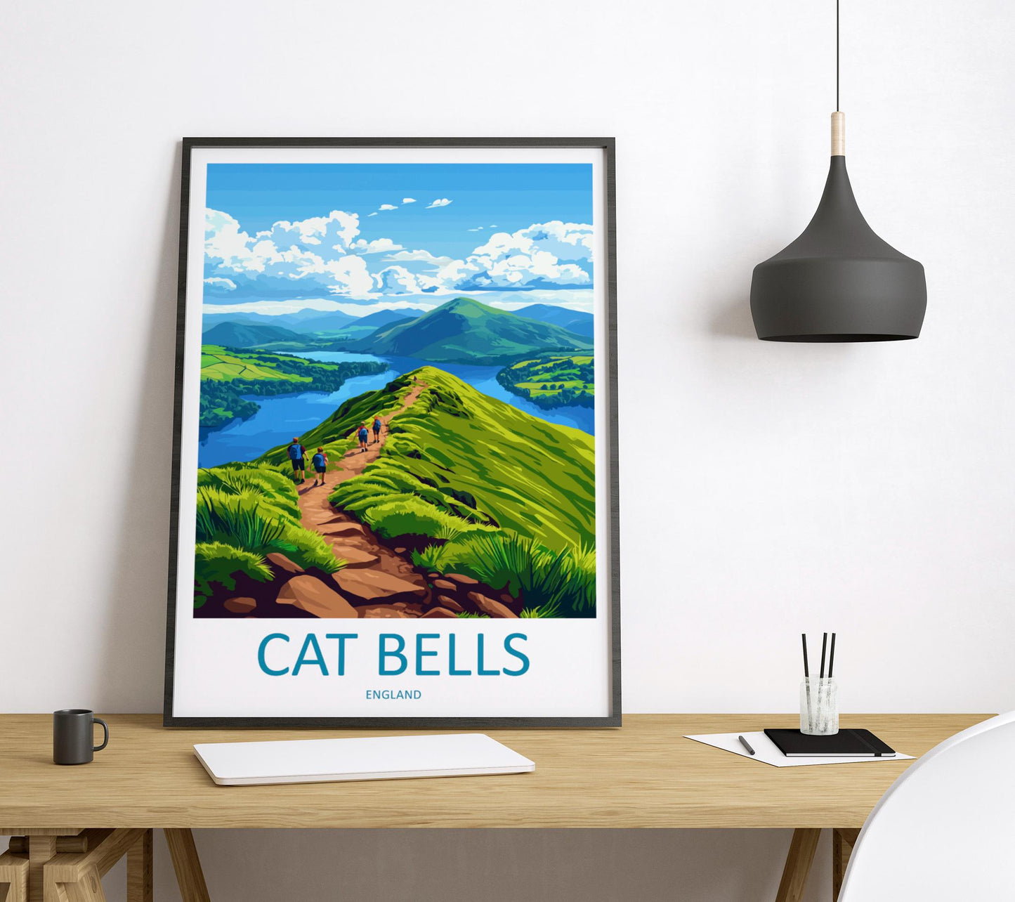 Cat Bells Travel Poster Lake District Wall Art Mountain Print Scenic Ridge Illustration Derwentwater Decor Cat Bells Gift Souvenir