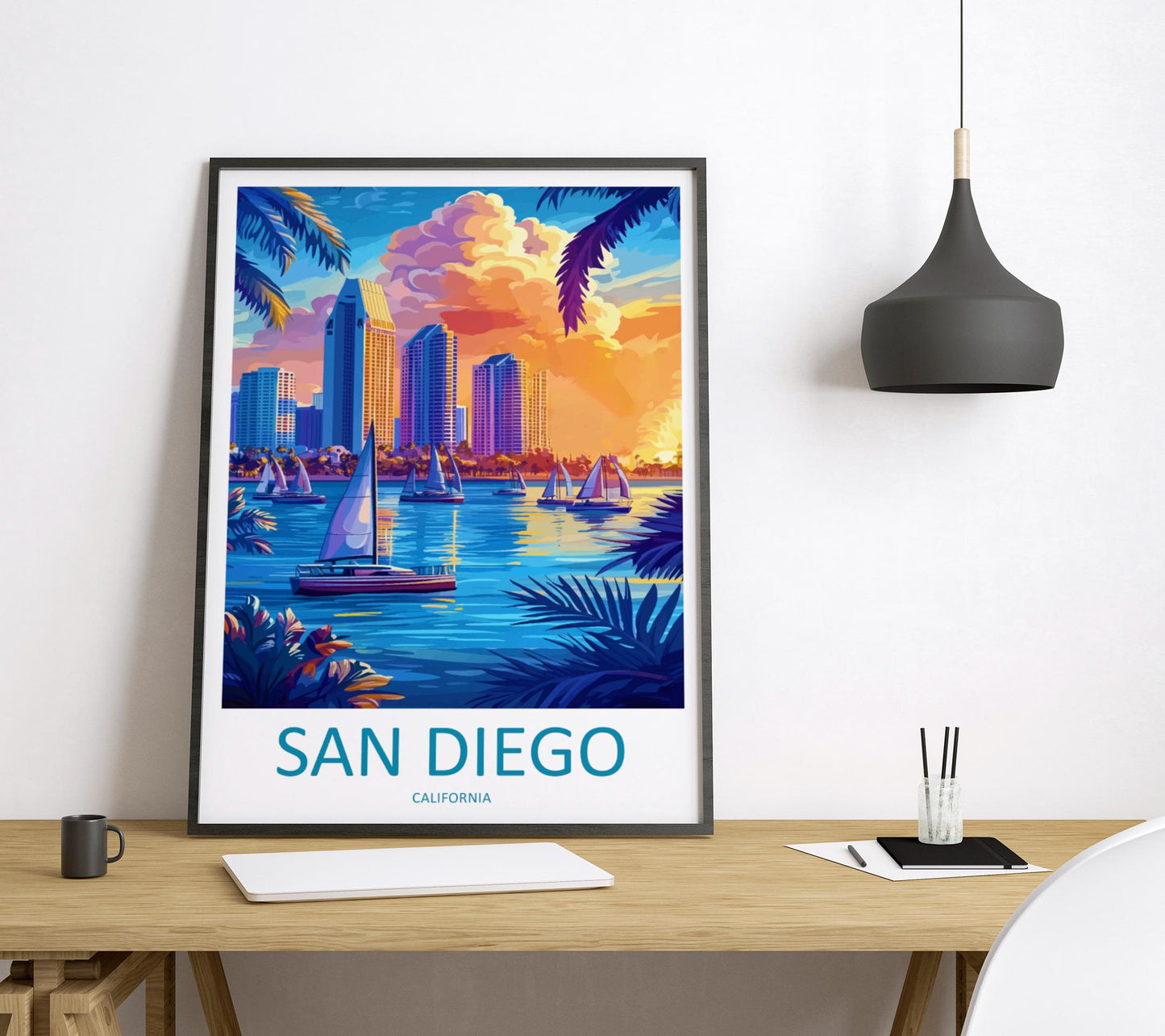 San Diego Travel Poster California Wall Art Coastal City Print Ocean View Illustration Palm Tree Decor San Diego Gift Souvenir Scene