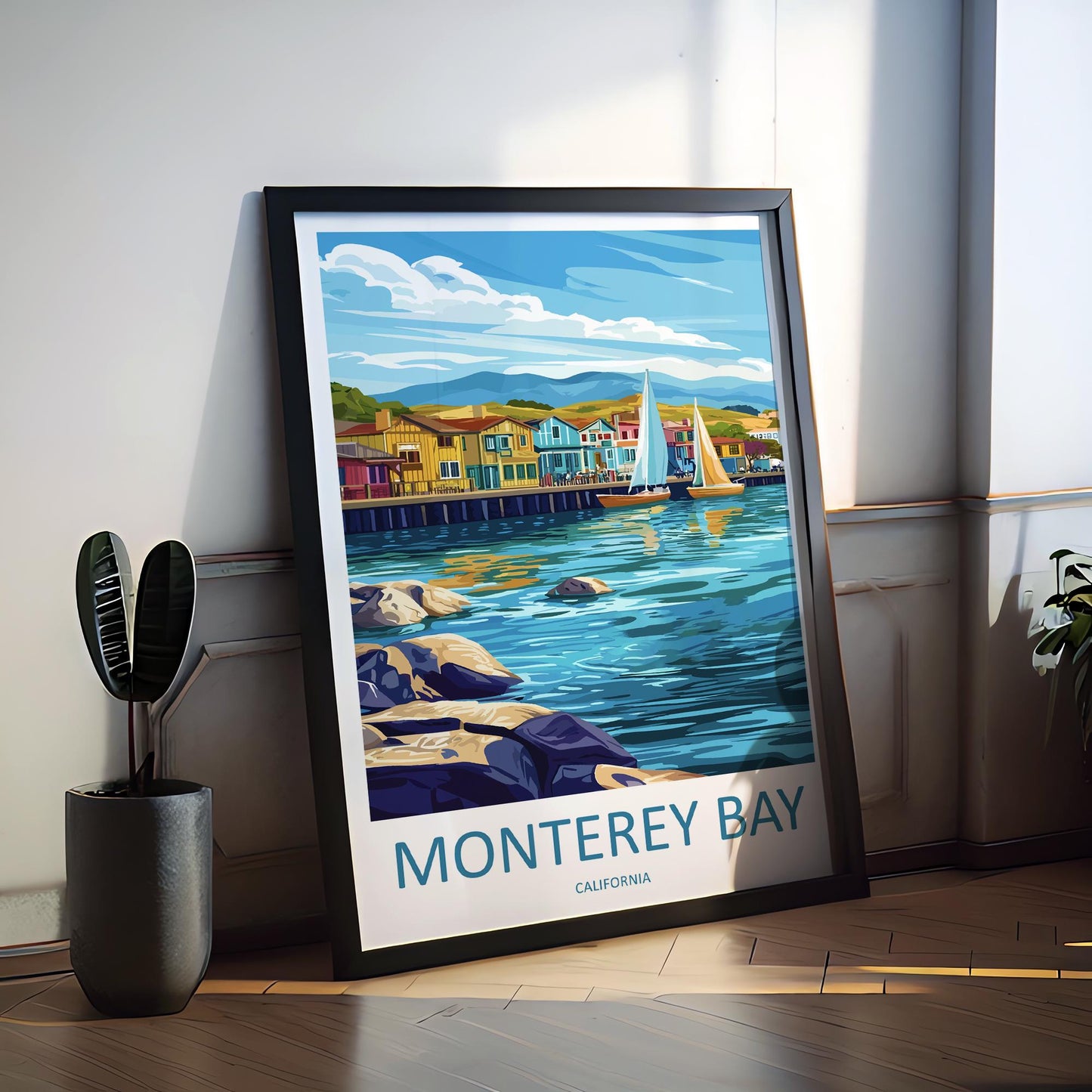Monterey Bay Travel Poster California Wall Art Coastal View Print Oceanfront Illustration Cannery Row Decor Monterey Gift Souvenir