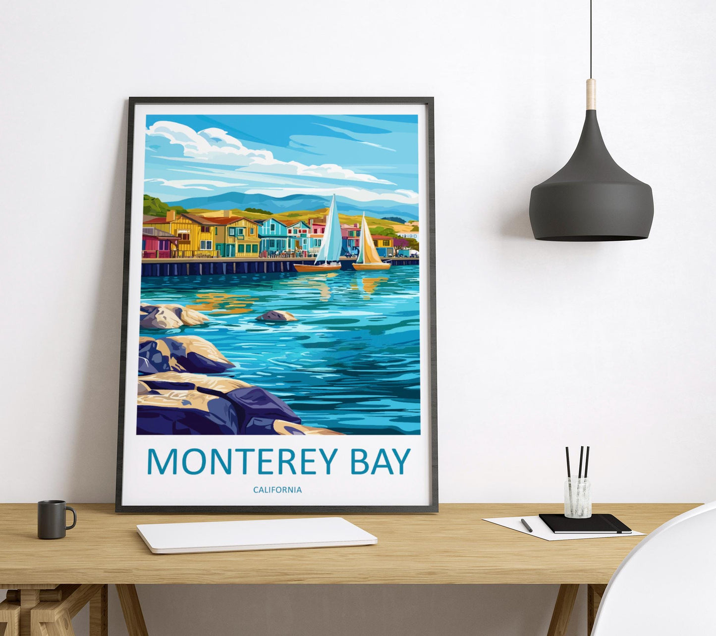 Monterey Bay Travel Poster California Wall Art Coastal View Print Oceanfront Illustration Cannery Row Decor Monterey Gift Souvenir