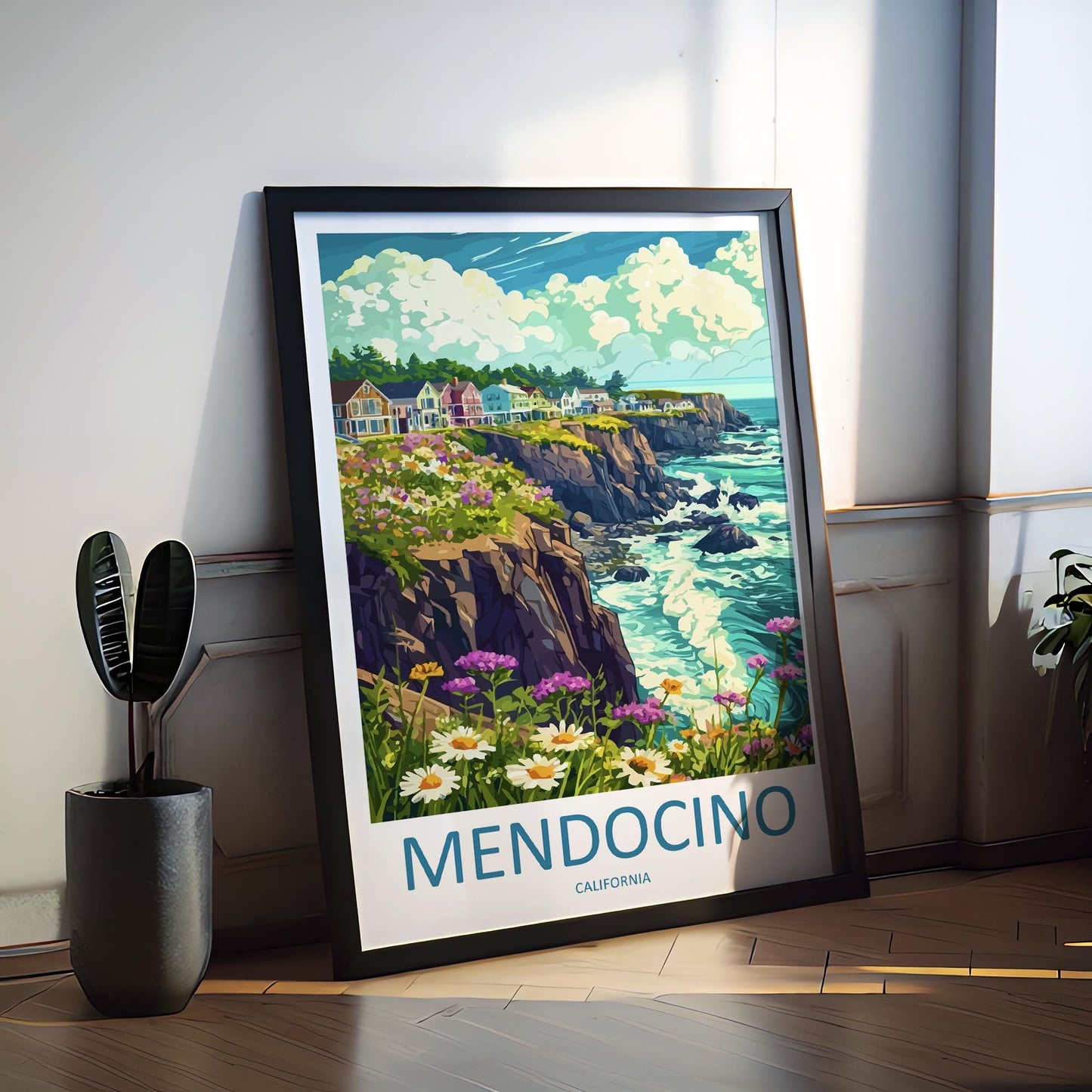 Mendocino Travel Poster California Wall Art Coastal Village Print Ocean Cliff Illustration Redwood Coast Decor Mendocino Gift Souvenir