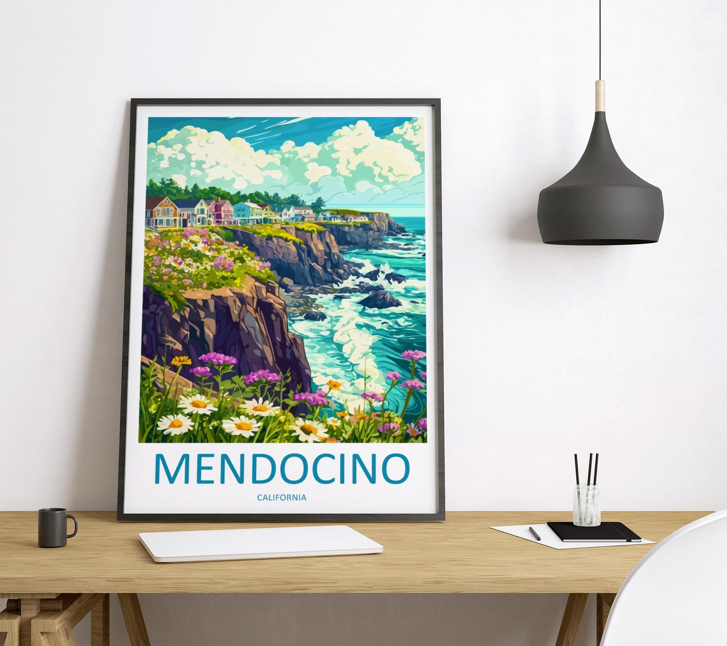 Mendocino Travel Poster California Wall Art Coastal Village Print Ocean Cliff Illustration Redwood Coast Decor Mendocino Gift Souvenir