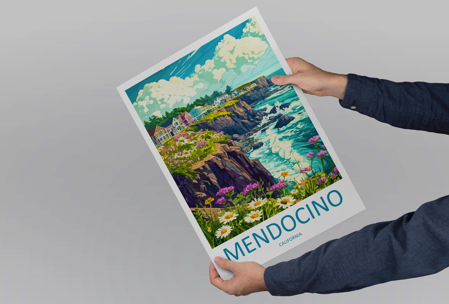 Mendocino Travel Poster California Wall Art Coastal Village Print Ocean Cliff Illustration Redwood Coast Decor Mendocino Gift Souvenir