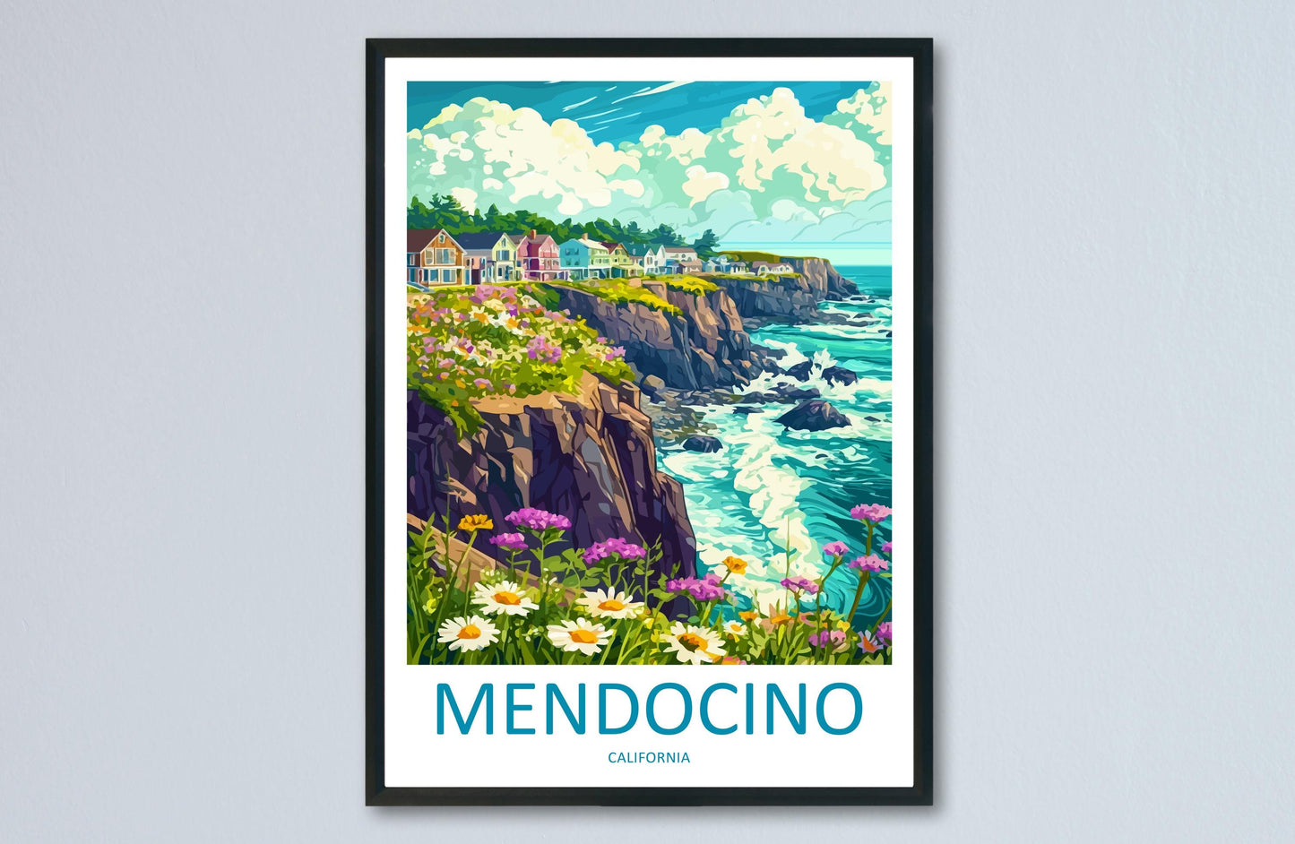 Mendocino Travel Poster California Wall Art Coastal Village Print Ocean Cliff Illustration Redwood Coast Decor Mendocino Gift Souvenir