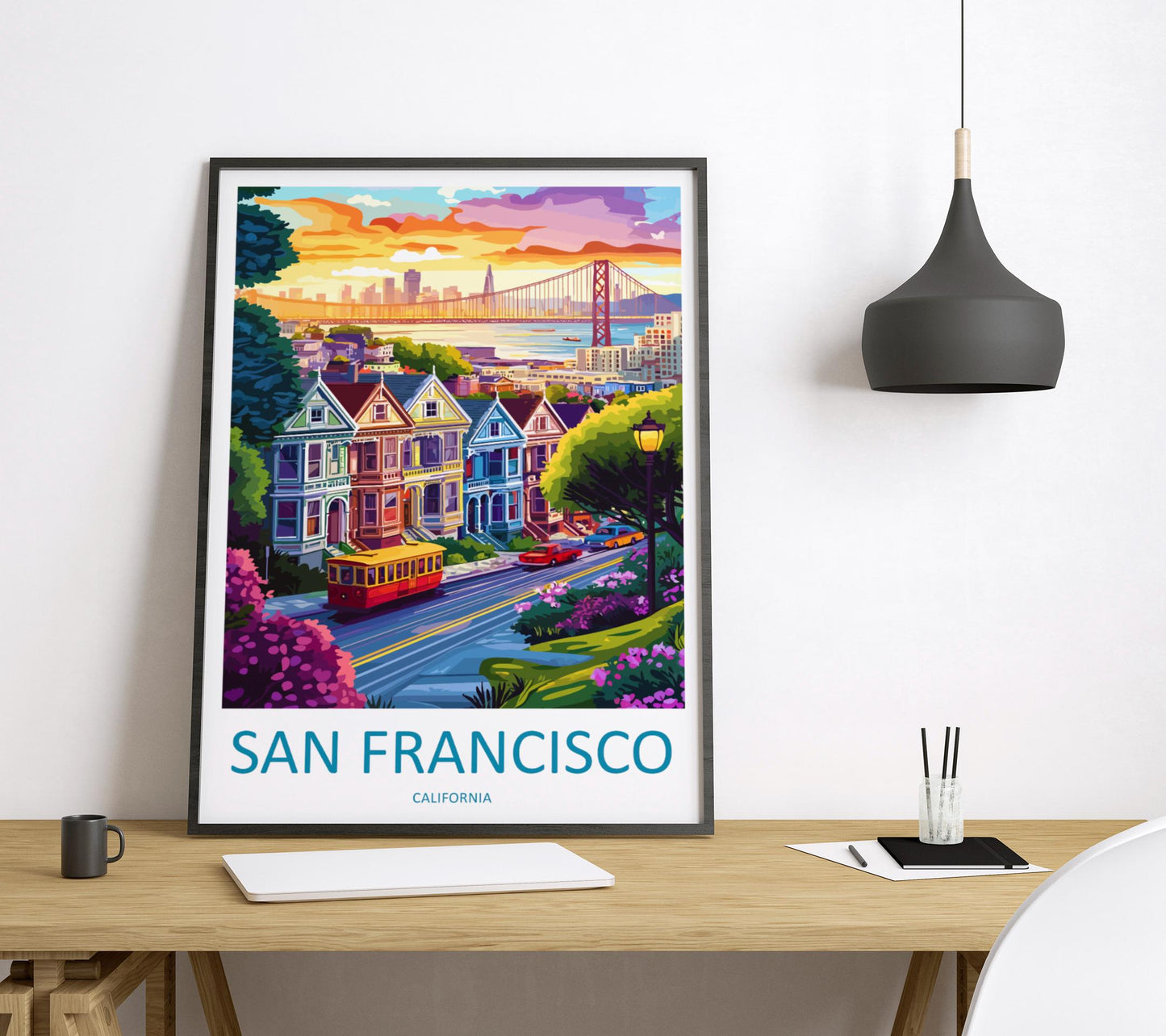 San Francisco Travel Poster California Wall Art Cityscape Print Golden Gate View Illustration Bay Area Decor SF Gift Souvenir Scene