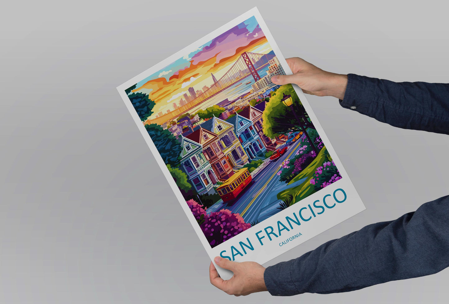 San Francisco Travel Poster California Wall Art Cityscape Print Golden Gate View Illustration Bay Area Decor SF Gift Souvenir Scene
