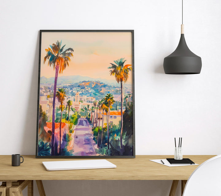 Los Angeles Watercolor Poster Los Angeles Travel Print Los Angeles California Art LA Skyline Wall Decor Hollywood Cityscape Print