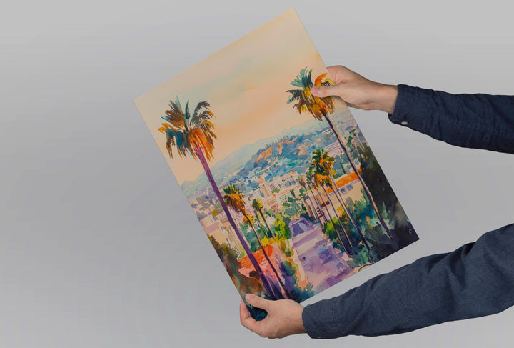 Los Angeles Watercolor Poster Los Angeles Travel Print Los Angeles California Art LA Skyline Wall Decor Hollywood Cityscape Print